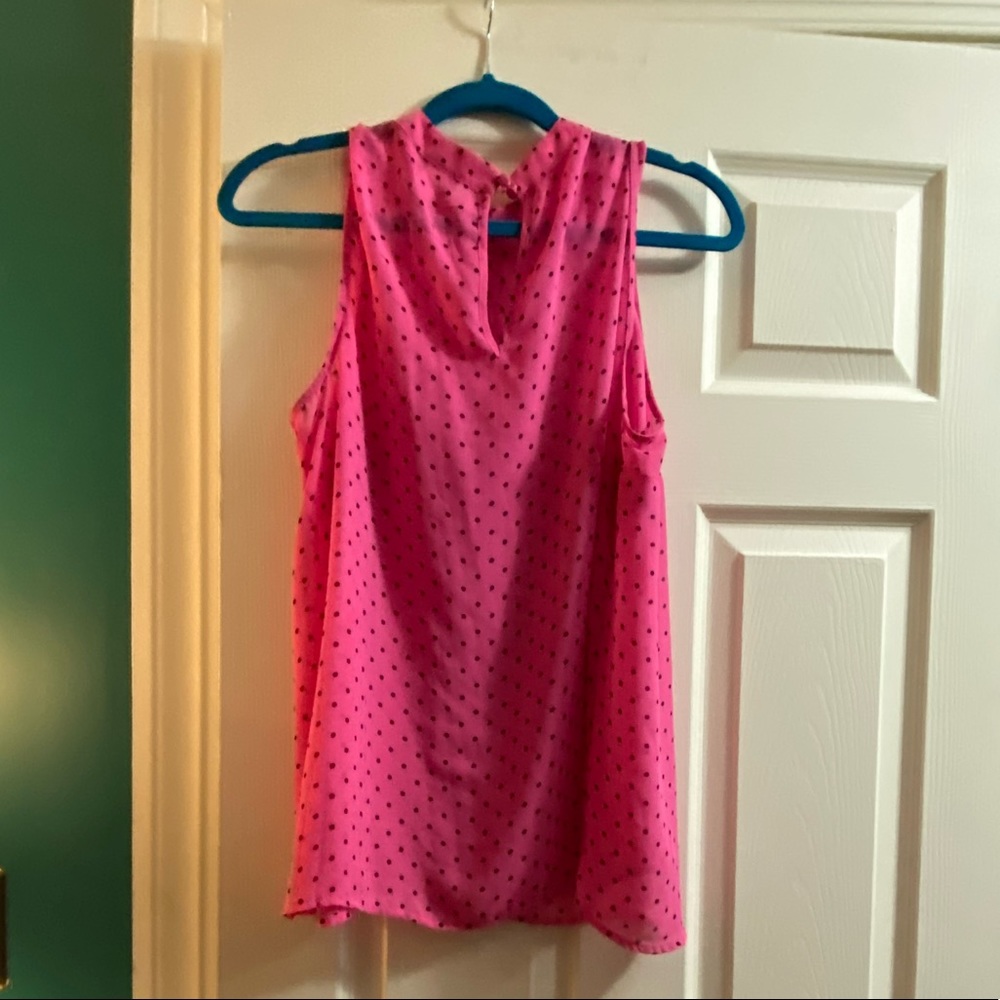 Hot pink high neck blouse with black polka dots - Picture 3 of 4
